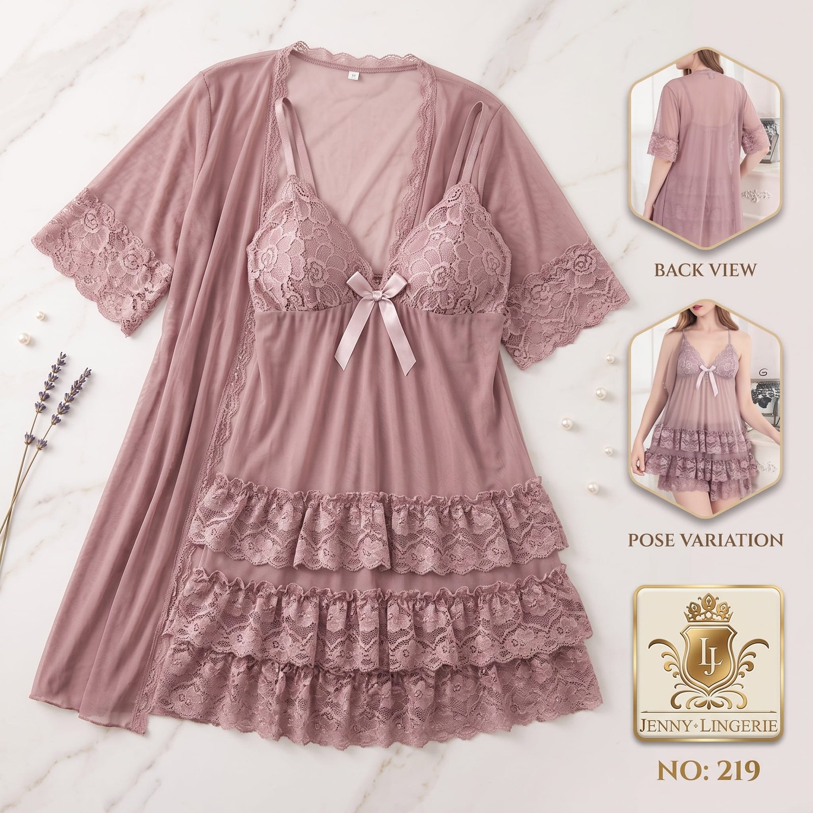 Dusty Pink 2-Piece Ruffled Lace Nightwear Set 219 - Ladies Comfort Wear
