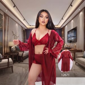 3-Piece Red Lace Nightwear Set - Ladies Comfort Wear