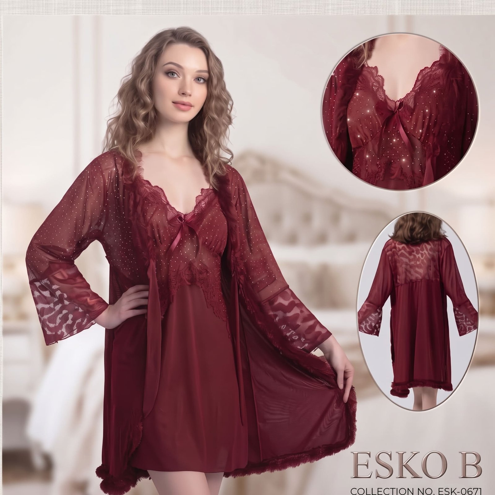 Maroon 2-Piece Lace Nightwear Set ESK-0671 - Ladies Comfort Wear