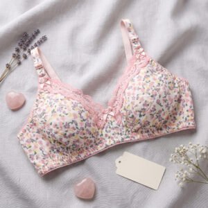Floral Print Cotton Bra with Pink Lace Trim - Ladies Comfort Wear