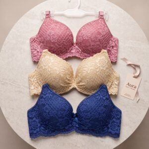 Elegant Padded Floral Lace Bra in Soft Pink, Champagne Gold, and Royal Blue - Ladies Comfort Wear